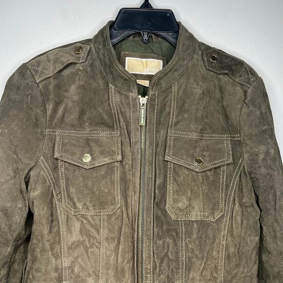 Michael Kors Suede Leather Jacket Vince Coat Full Zip Green *No Belt Large *Flaw - Picture 3 of 13